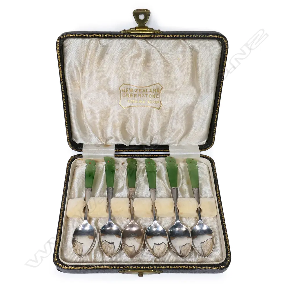 Joseph Swindell & Sons silver and greenstone six coffee spoon set, Image 1++